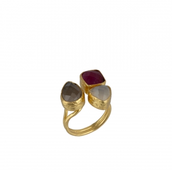 Ring made from brass, goldplated, Chalcedony, Ruby, smoky Quartz
